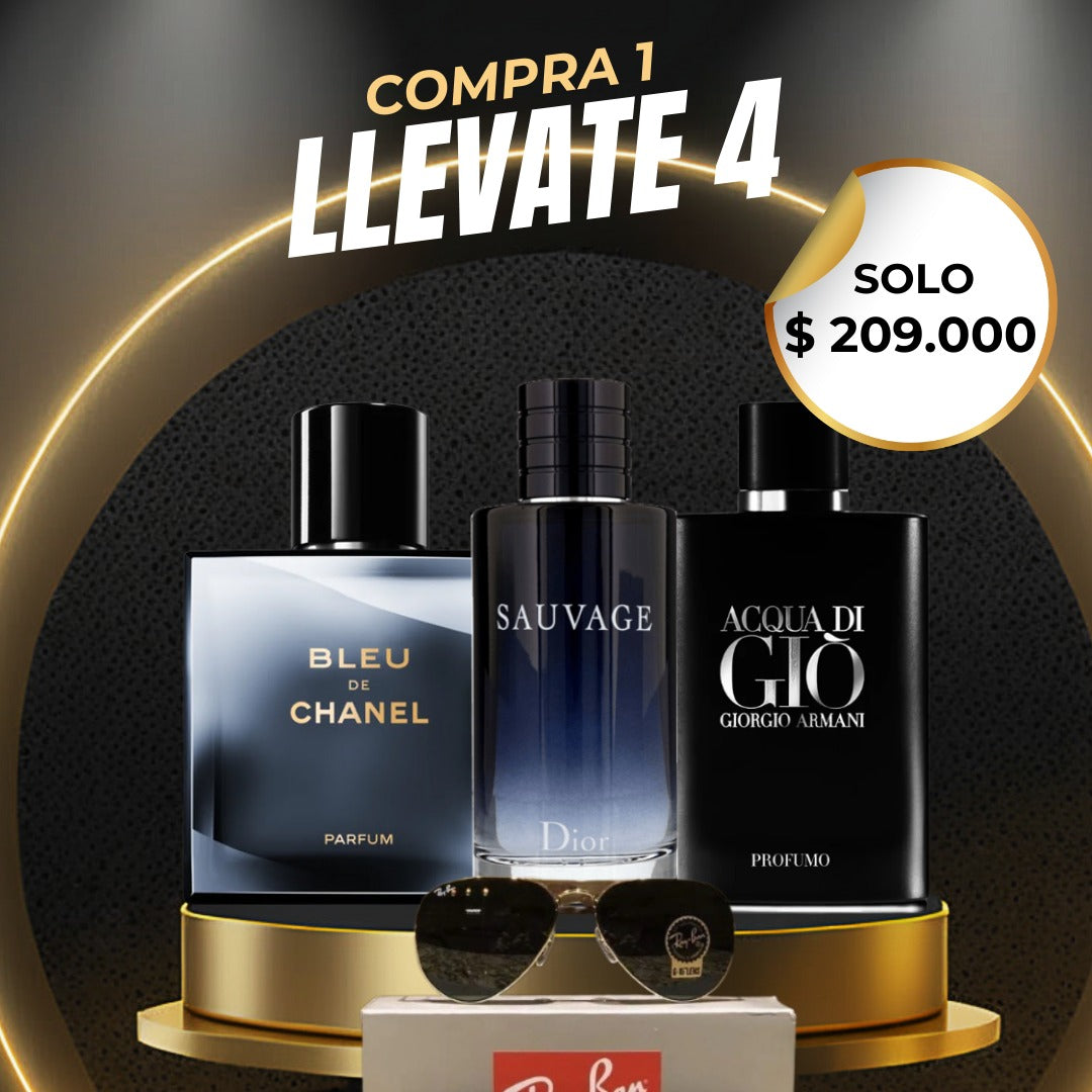 Compra 1 Llevate 4 - Perfume Sauvage Dior + Perfume Bleu de Chanel + Perfume Acqua di Giò Giorgio Armani + Gafas de sol Ray-Ban