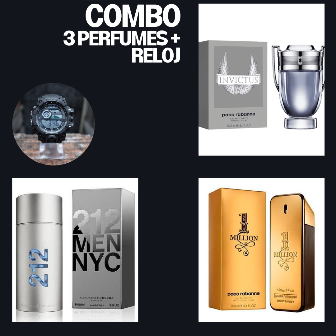 Promoción - Compra 1 y Lleva 4 - [1 Perfume One Million 100ml + 1 Perfume 212 Men 100ml + 1 Perfume Invictus 100ml +Reloj Titanium] ¡Solo hoy!