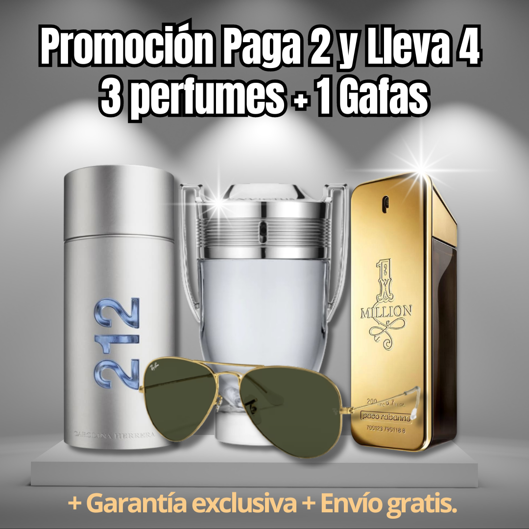 Promoción Compra 1 y Lleva 4 [1 Perfume One Million 100ml + 1 Perfume 212 Men 100ml + 1 Perfume Invictus 100ml +Gafas Rayban] ¡Solo hoy!